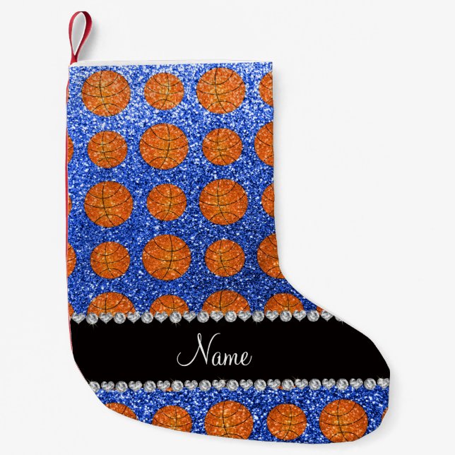 Personalized name blue glitter basketballs small christmas stocking (Front)