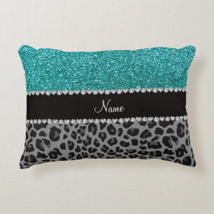 Personalized name blue glitter black leopard accent pillow