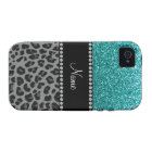 Personalized name blue glitter black leopard