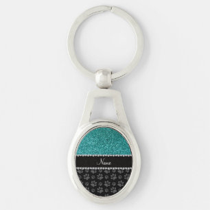 Personalized name blue glitter black paws keychain