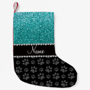 Personalized name blue glitter black paws small christmas stocking