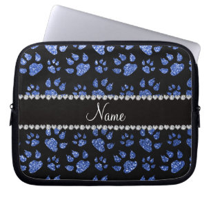 Personalized name blue glitter cat paws laptop sleeve