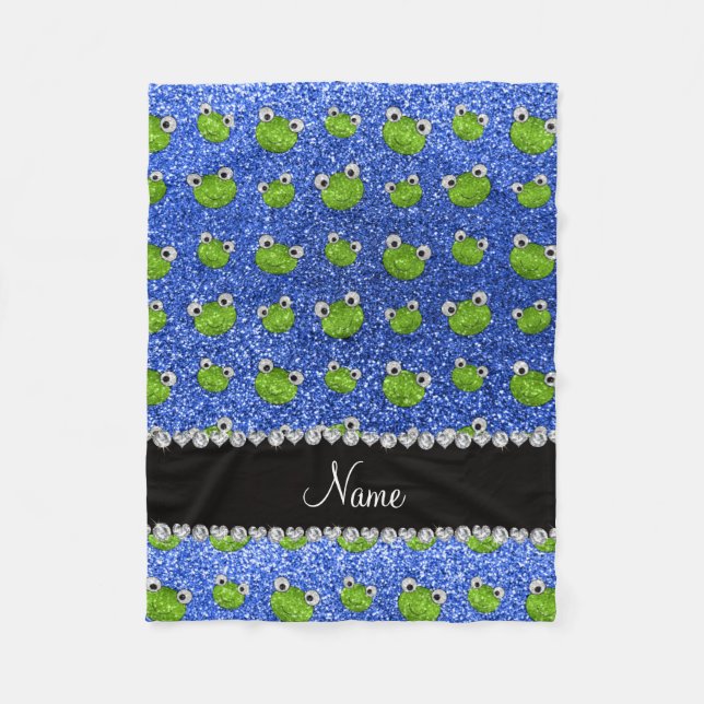 Personalized name blue glitter frogs fleece blanket (Front)