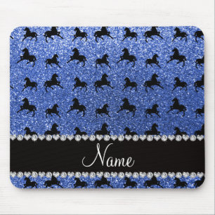 Personalized name blue glitter horses mouse pad