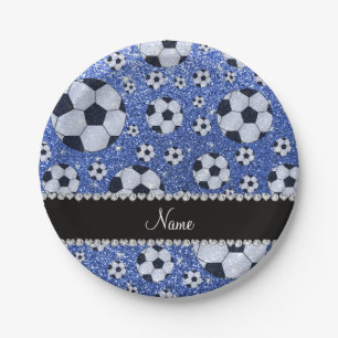 Personalized name blue glitter soccer balls paper plate