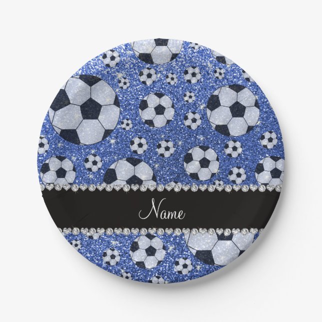 Personalized name blue glitter soccer balls paper plate (Front)