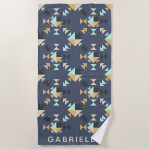 Personalized Name Blue Gold Southwest Geometric Beach Towel