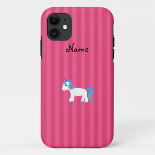 Personalized name blue hair unicorn pink stripe iPhone 11 case