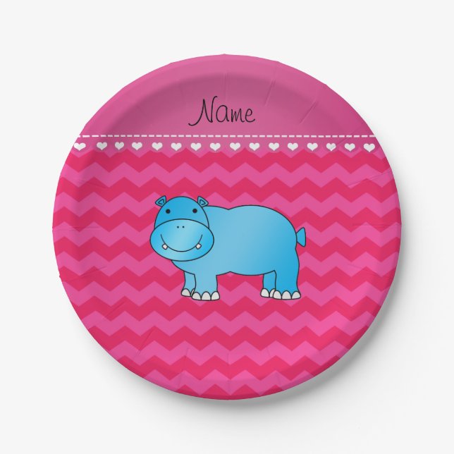 Personalized name blue hippo hot pink chevrons paper plate (Front)