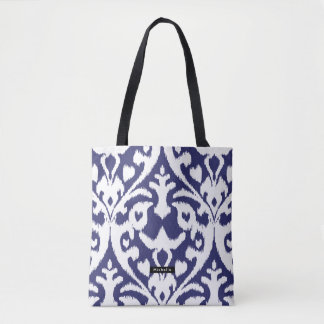 Personalized Name Blue Ikat Pattern Bridesmaid Tote Bag