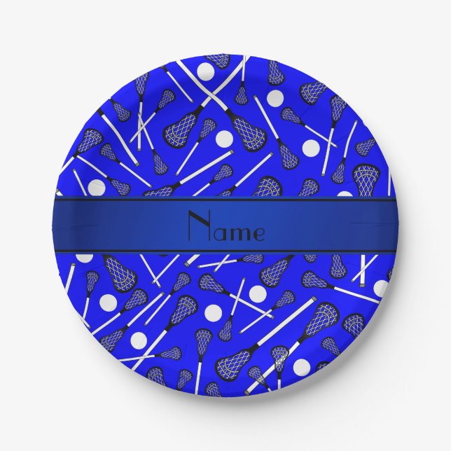 Personalized name blue lacrosse paper plate (Front)