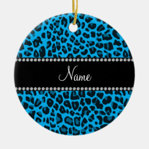 Personalized name blue leopard pattern ceramic ornament