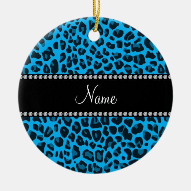 Personalized name blue leopard pattern ceramic ornament (Front)