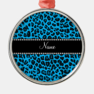 Personalized name blue leopard pattern metal ornament