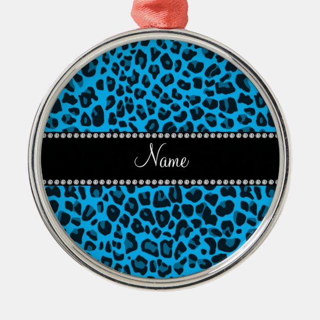 Personalized name blue leopard pattern metal ornament (Front)