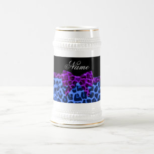 Personalized name blue leopard print purple bow beer stein