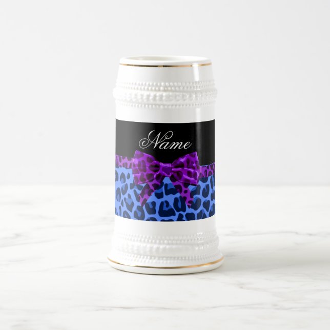Personalized name blue leopard print purple bow beer stein (Center)