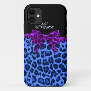 Personalized name blue leopard print purple bow iPhone 11 case