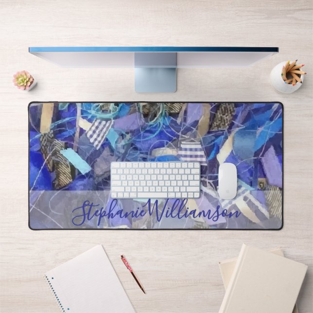 Personalized Name Blue Lilac Grey Abstract Stripes Desk Mat (Office 1)
