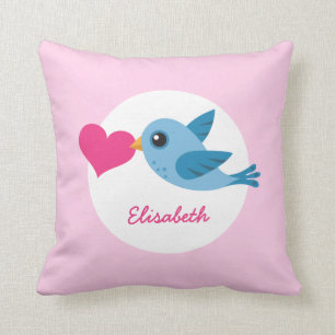 Personalized name blue love bird with pink heart throw pillow