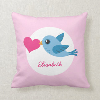 Personalized name blue love bird with pink heart throw pillow