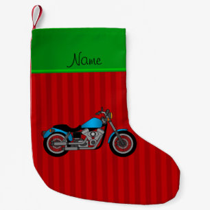 Personalized name blue motorcycle red stripes small christmas stocking