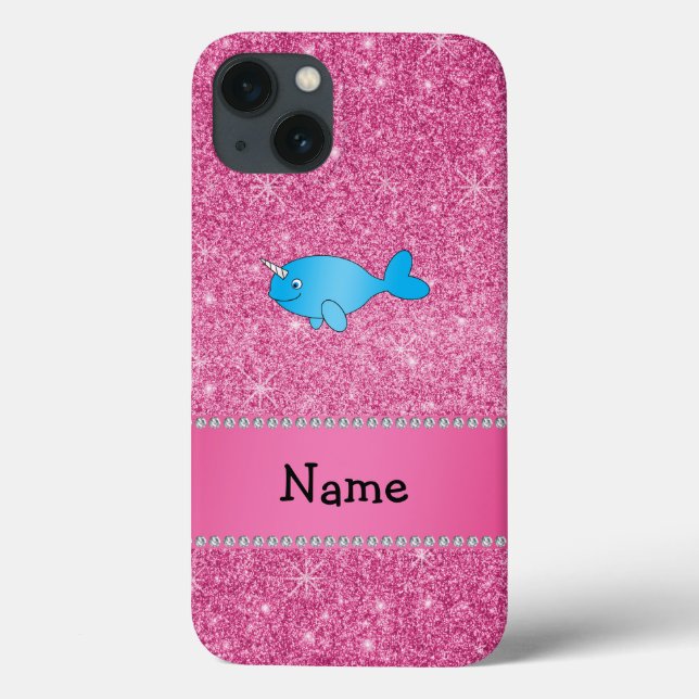 Personalized name blue narwhal pink glitter Case-Mate iPhone case (Back)