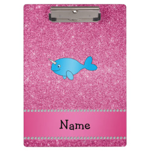 Personalized name blue narwhal pink glitter clipboard