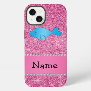 Personalized name blue narwhal pink glitter iPhone 13 case