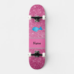 Personalized name blue narwhal pink glitter skateboard