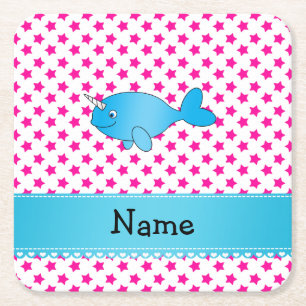 Personalized name blue narwhal pink stars square paper coaster