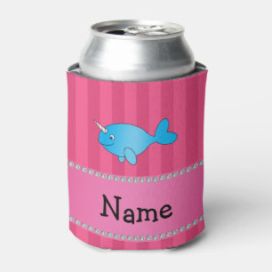Personalized name blue narwhal pink stripes can cooler