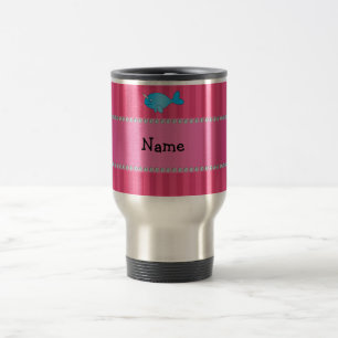 Personalized name blue narwhal pink stripes travel mug