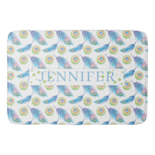 Personalized Name Blue Peacock Feathers Background Bath Mat