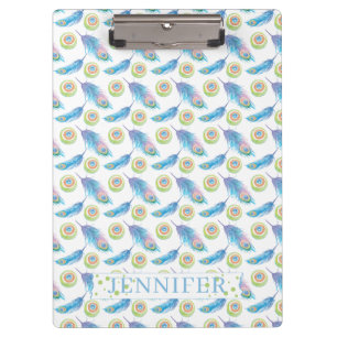 Personalized Name Blue Peacock Feathers Background Clipboard