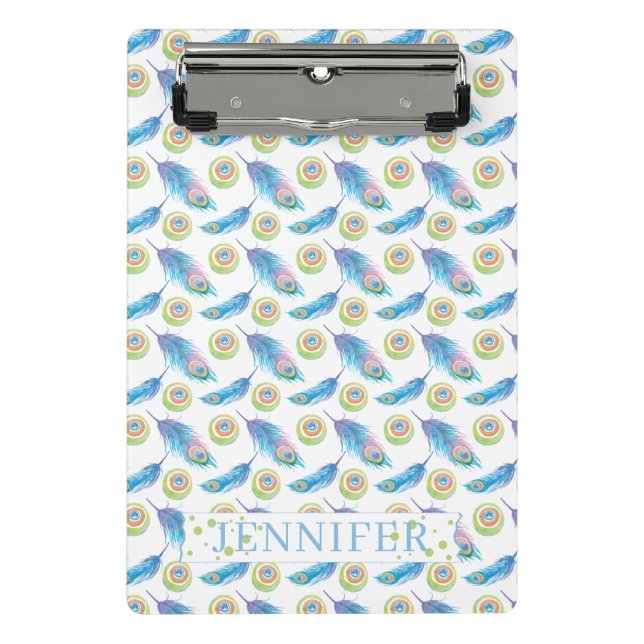 Personalized Name Blue Peacock Feathers Background Mini Clipboard (Front)