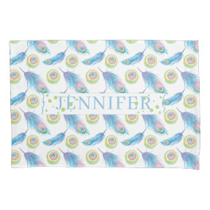 Personalized Name Blue Peacock Feathers Background Pillowcase