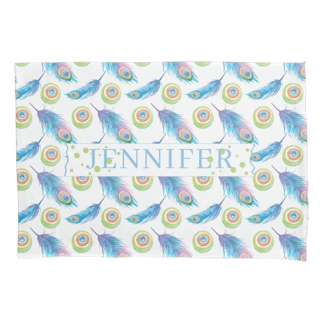 Personalized Name Blue Peacock Feathers Background Pillowcase (Front)