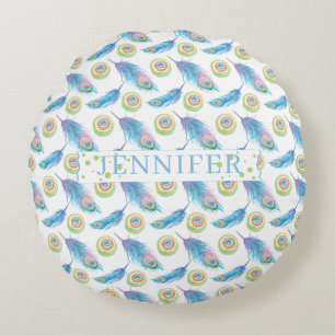 Personalized Name Blue Peacock Feathers Background Round Pillow
