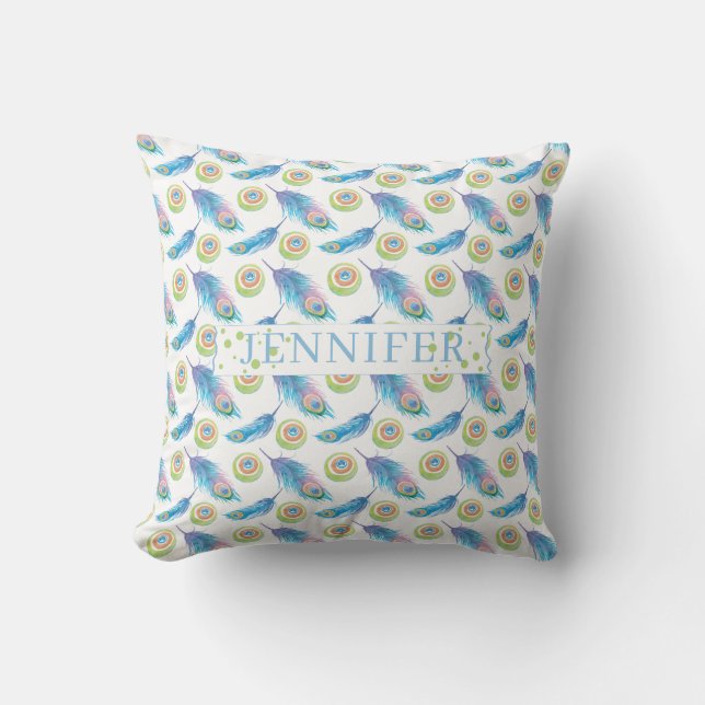 Personalized Name Blue Peacock Feathers Background Throw Pillow (Front)