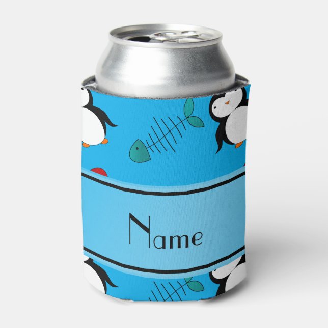 Personalized name blue penguins igloo fish squid can cooler (Can Front)