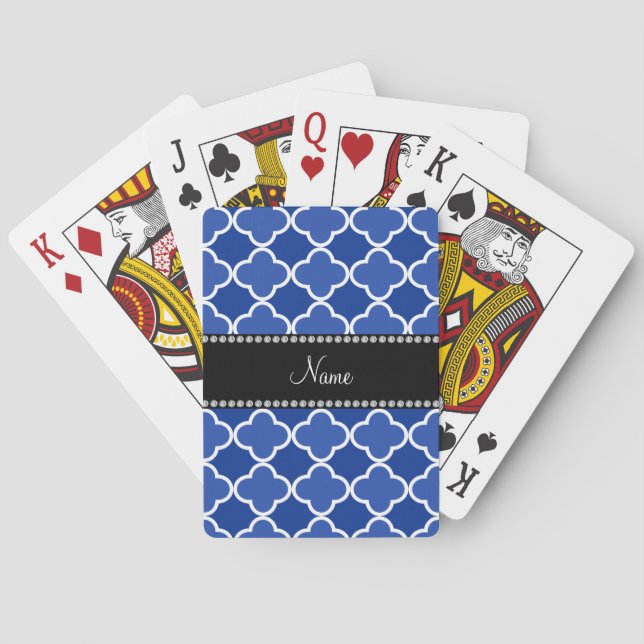 Personalized name blue quatrefoil pattern playing cards (Back)