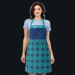 Personalized Name Blue Retro Star Hanukkah Holiday Apron<br><div class="desc">Bring a touch of retro charm to your Hanukkah celebrations with this personalized holiday apron featuring a vibrant blue star pattern and a stylish vintage-inspired design. Add your name for a custom touch that’s perfect for preparing festive meals, baking treats, or lighting the menorah. This apron is a thoughtful gift...</div>