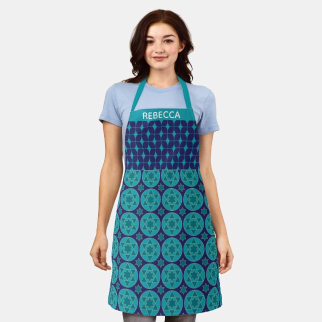Personalized Name Blue Retro Star Hanukkah Holiday Apron (Worn)