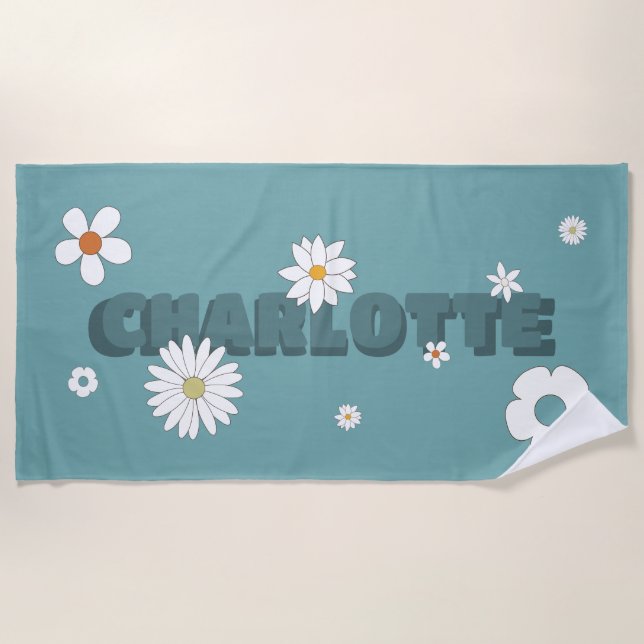 Personalized Name Blue Retro Style Flowers Beach Towel (Front)