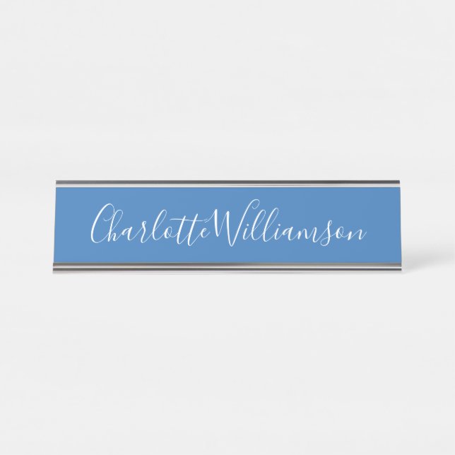 Personalized Name Blue Script Elegant Professional Desk Name Plate (Front)