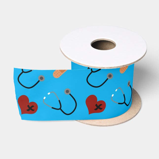 Personalized name blue stethoscope bandage hearts satin ribbon (Spool)