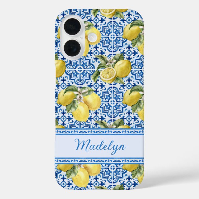 Personalized Name Blue Tile Mediterranean Lemon Case-Mate iPhone Case (Back)
