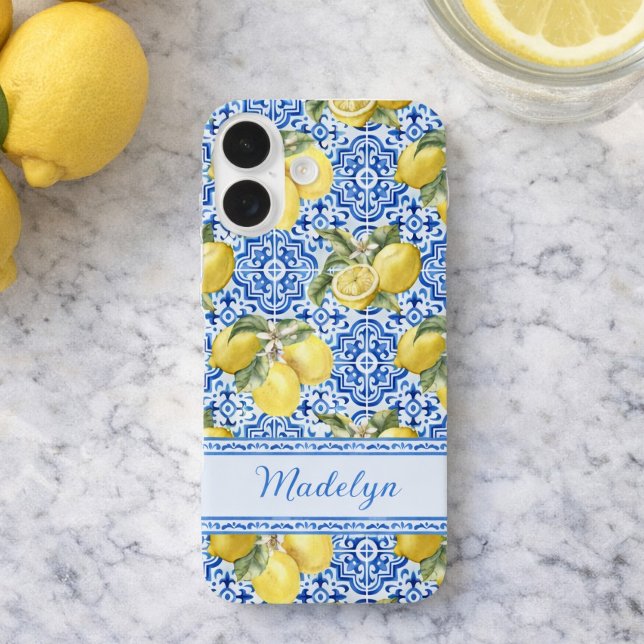Personalized Name Blue Tile Mediterranean Lemon Case-Mate iPhone Case (Creator Uploaded)