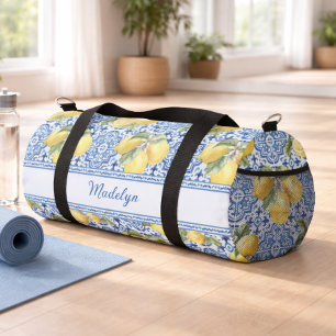 Personalized Name Blue Tile Mediterranean Lemon Duffle Bag